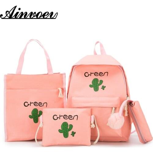 Ainvoev 4pcs canvas school backpack set for teenage girls cactus printing shoulder bag+women backpack+pencil case+purse Bags