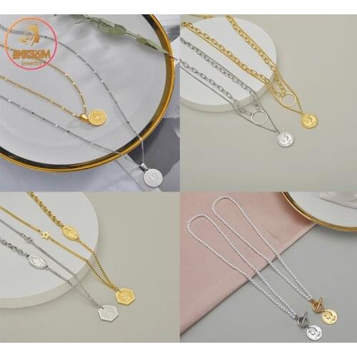 Akizoom Vintage Angel Maria Queen Pendant Pearl Chains Choker Necklace Set Stainless Steel for Women Fashion Jewelry Gift