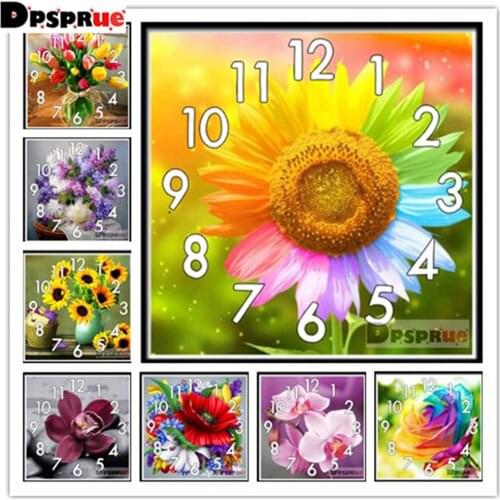 Full Drill Diamond Painting Cross Stitch With Clock landscape flower color rose Mosaic 5D Diy Square Round 3d Embroidery Gift