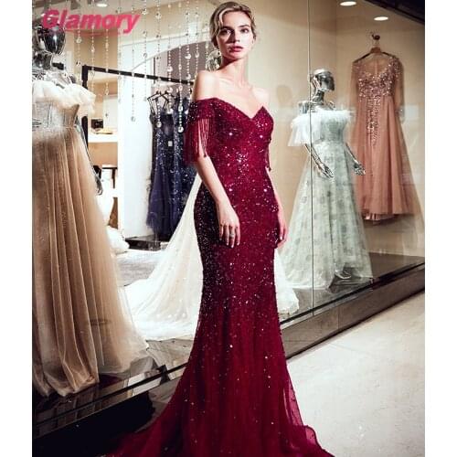 Burgundy Women Glamorious Sequin Dress Mermaid Formal Evening Dresses Gowns