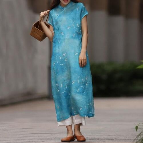 Johnature Women Chinese Style Summer Dresses Ramie Short Sleeve Cheongsam 2021 New Vintage Hihg Quality A-Line Stand Dresses