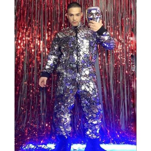 Male Singer Dancer Reflective Laser Costume Silver Sequins Loose Jumpsuit Overalls Rock Hip Hop Tide Cool Performance Clothes