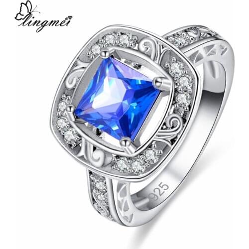 Lingmei New Comes PrincessMulti-Blue CZ Silver ColorRing Size 6-9 Beautiful Women Anniversary Fashion Jewelry