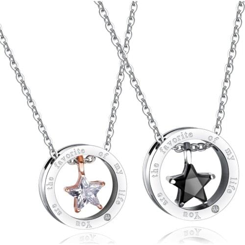 Fashion Romantic star round Lovers 's Pendant Necklaces Stainless Steel Inlaid Cubic Zirconia Men Women couple Jewelry Gift