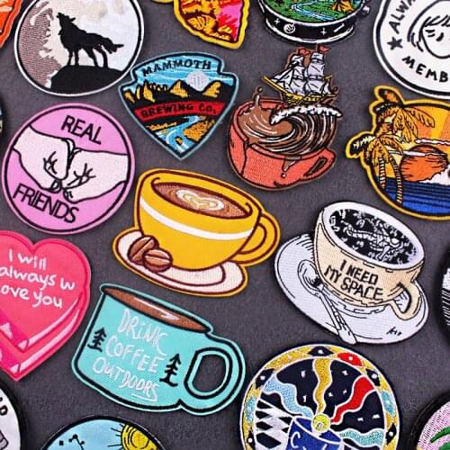 Cartoon Coffee Patch Embroidered Patches For Clothing Outdoor Stripes Patch Iron On Patches For Clothes Appliques Stickers Diy