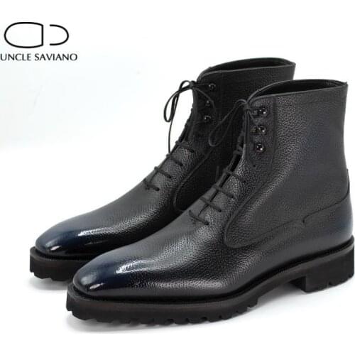 Uncle Saviano Solid Winter Black Mens Boots Shoes Work Boots Add Velvet Simple Fashion Lace Up Shoes Men Genuine Leather