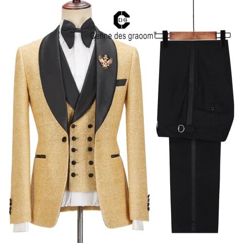 Cenne Des Graoom Latest Coat Design Men Suits Tailor-Made Tuxedo 3 Pieces Blazers Wedding Party Singer Groom Costume Homme Gold