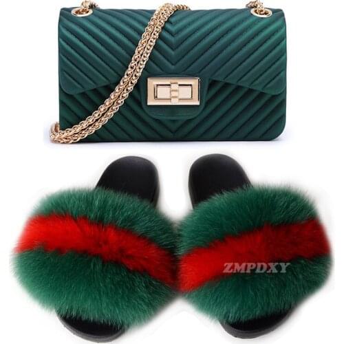 New Arrival Women Fur Slides Cheap Fluffy Fox Fur Slippers Diamond Candy Color Jelly Bag Female Jelly Handbag Purse Set Size 11