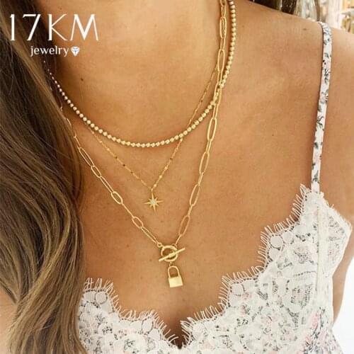 17KM New Fashion Beads lock Necklace For Women Gold Color Bohemian Stars Pendants Necklaces Female Bijoux Jewelry Gift