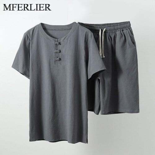 MFERLIER Summer men shirt 5XL 6XL 7XL 8XL 9XL 10XL Bust 157-162cm plus size linen large size shirt with shorts men 5 colors
