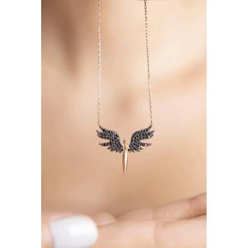 Silver Michael Angel Necklace Black Stone wsn267