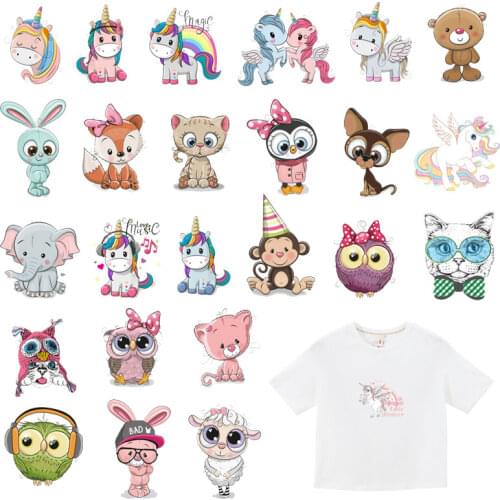 Cartoon Animal Iron on Transfers Heat Iron Stickers Unicorn Owl Bear Kids Clothing T-shirt Thermal Patches Decal DIY Appliques