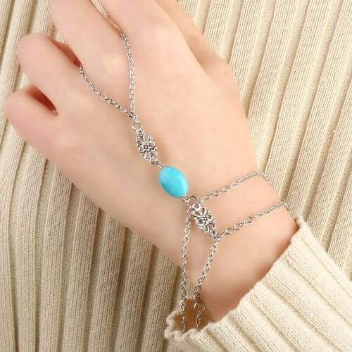 Bohemia Slave Finger Ring Chain Bracelet Drop Punk Silver Plated Women Metal Hand Harness Chain Green Stone Beads Drop Jewelry