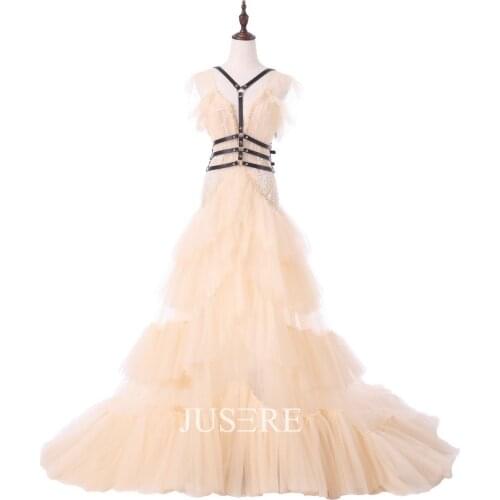 Jusere A-line Evening Dress party dress in stock ruffle skirt with sweep train beaded bodice