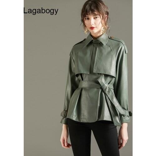 Lagabogy 2021 Spring Autumn Women PU Faux Leather Jacket With Belt Green Color Coat Simplicity Loose Overcoat Office Lady Outwea