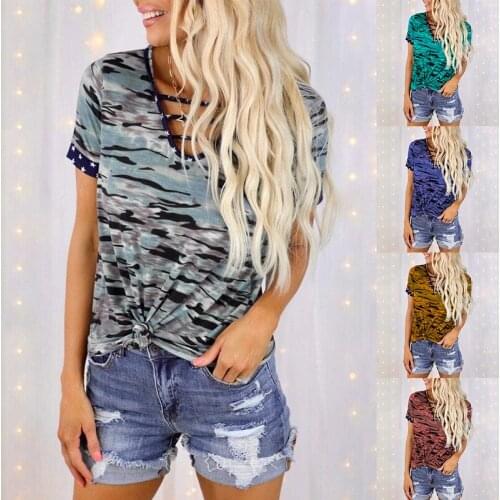 Spot 2021 Summer New Casual Camouflage Printed T-shirt Top Short-sleeved Sexy V-neck Tie-band Loose Tie-dye T-shirt Home Service