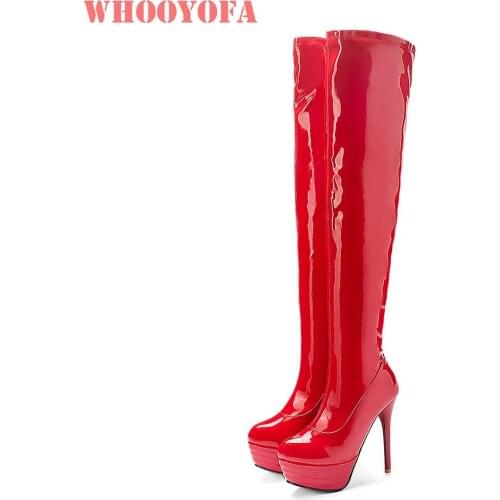Winter New Glamour Red White Women Thigh High Platform Boots High Heels Lady Motorcycle Shoes WA222 Plus Big Size 10 32 46
