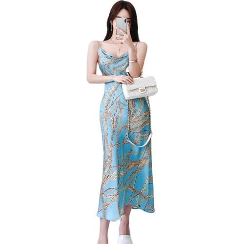 Blue Long floral Dress for women Summer wear korea Sleeveless V neck Polyester Sundress Ladies Sexy Elegant print Dresses