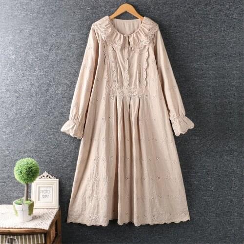 2020 New Autumn Women Dress Japan Style Fresh Peter Pan Collar Embroidery Cotton linen Loose Casual Long Dresses Women