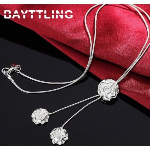 BAYTTLING 925 Sterling Silver 18 Inch Fine Rose Flower Pendant Snake Chain Necklace For Woman Charm Wedding Party Gift Jewelry