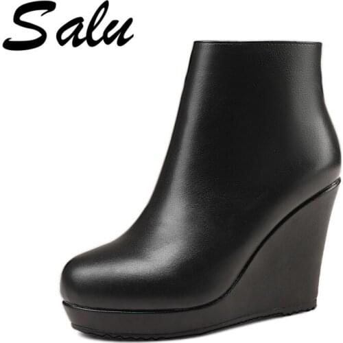 Salu Women Genuine Leather Boots Handmade Zipper Ankle Boot Red Black round Toe Short Boots wedges High Heel Ladies Shoes