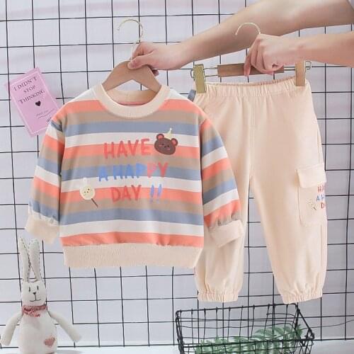 Childrens Clothing 2021 Autumn New Cute Kids Color Striped Cartoon Bear Long-sleeve Sweater Pants 2 Piece For Girls Casual Suit