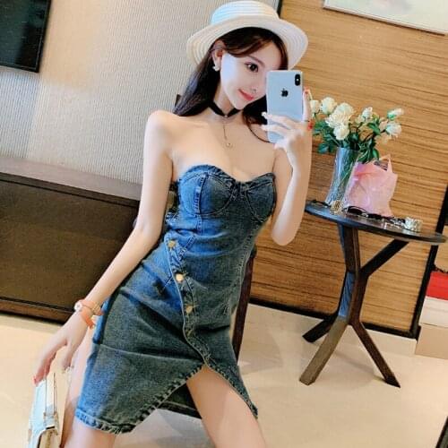 Denim Dress 2021 Summer New Hot Europe Girl Female Cowboy Single Row Buttons Sexy Irregular Korea Mini Denim Tank Dress AA5627