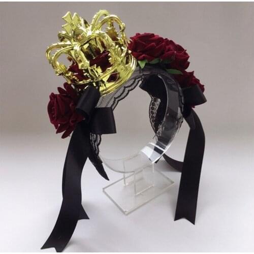 E56A Halloween Crown Hair Hoop Ribbon Bow Sheep Horn Headband Gothic Rose Flower Lace Headbands Cosplay Hair Accessories