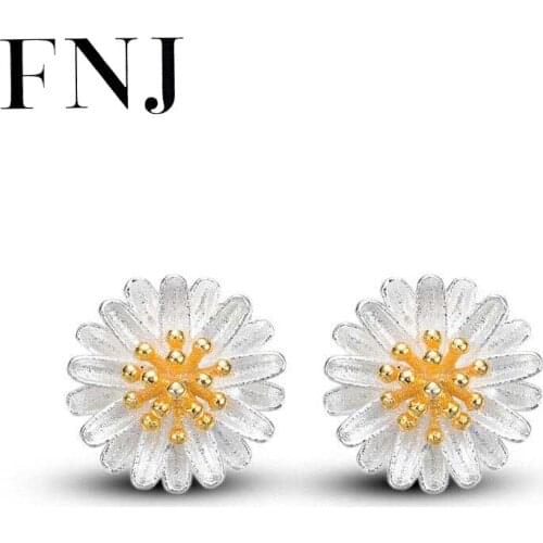 FNJ chrysanthemum Flower Earrings 925 Silver Jewelry Original Pure S925 Sterling Silver Stud Earring for Women Gold color