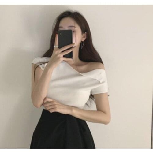 Short-Sleeved T-Shirt Womens Top Korean Summer Net Red Sexy Oblique Collar Strapless Thin Ice Silk Thin Knit Sweater
