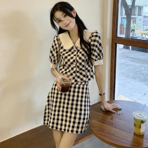 Two-piece Suit Plaid Tops Peter Pan Collar Cardigan Puff Sleeve Hipster Fashion Matching Sets Summer Style Short Skirt Women