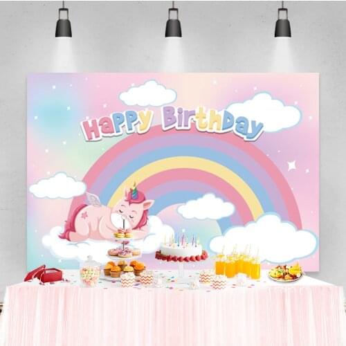 Laeacco Rainbow Clouds Unicorn Party Birthday Baby Photography Backgrounds Customized Photographic Backdrops For Photo Studio