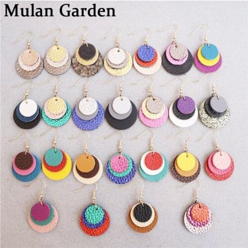 M&G New Multilayer Genuine Leather Earrings Glitter Round Pendant Dangle Earrings Fashion Jewelry Women Accessories Gifts 2019