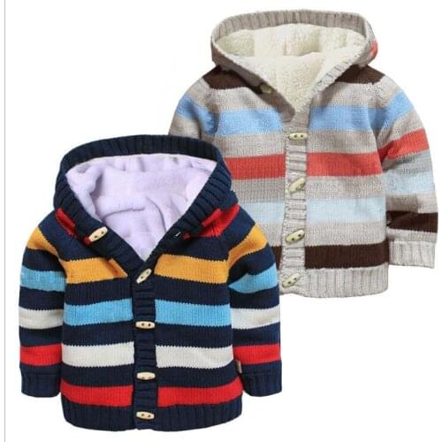 Foreign Trade 2020 Fall Winter New Childrens Hooded Knitted Sweaters Coat Boys & Girls Trendy Striped Velvet Warm Knitwear X251