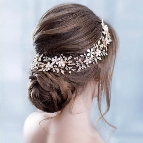 Trendy Gold Pearl Flower Bridal Headband tiara Wedding Hair Vine Headpiece Handmade Women Hair Jewelry Wedding Hair Accessories