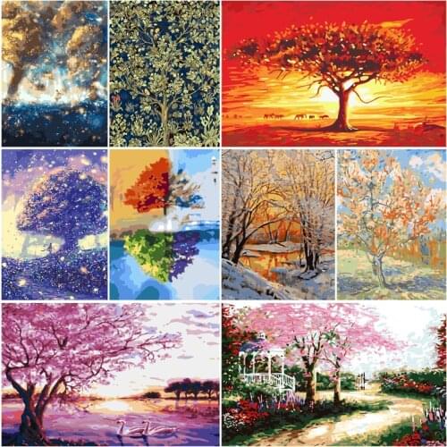 YIJIE DIY Painting By Numbers Tree Art gift Canvas Oil Painting Paints By Number Kit Art Picture Home Living room Decoration