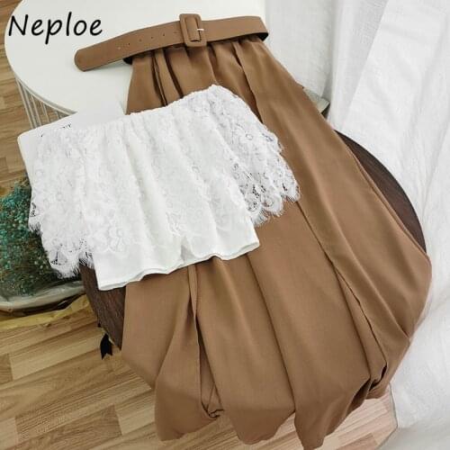 Neploe Fashion Retro Suits 2021 Summer Sexy Shoulder Strapless Lace Tops and Sashes Half-length Skirt Two Piece Set Women 82167
