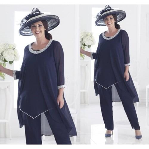 2019 Latest Navy Beading Mother Of The Bride Pant Suits Three Pieces Wedding Guest Dress Formal Garment Evening Gown