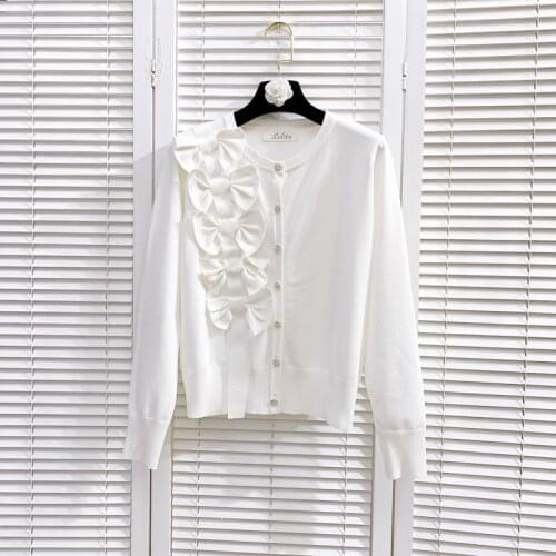 2021 Spring Round Collar Diamond Buttons Bow Single Breasted Knitted Shirt Sweet Girl Solid Color Knitwear Cardigan Sweaters