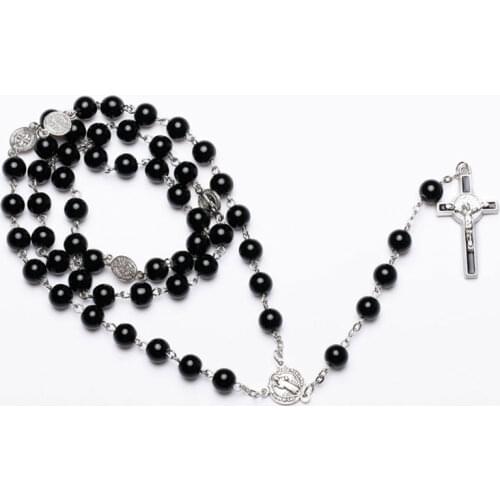 Luoluoyi Catholic Black Rosary Beads Necklace For Women Men Cross Long Pendant Necklaces Praying Religious Jewelry Church Gifts