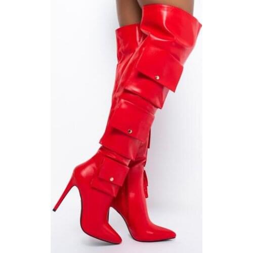 Sexy Red Pointed Toe Pocket Knee High Leather Boots Woman Fashion Cool Thin Heels Long Boots Big Size 44 Winter Shoes