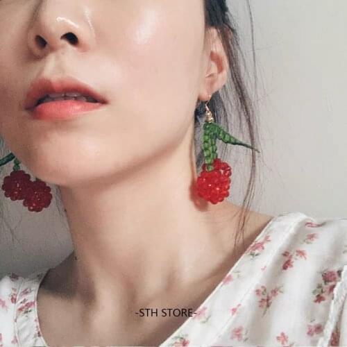 NINE JIZZ Cherry Earrings Crystal Beads Woven Drop Earrings Fashion Handmade Glass Beaded Acrylic Fruit Earring Korean Jewelry