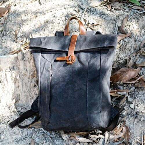 Retro Waxed Canvas Travel Roll Top Anti Theft Backpack Waterproof Large Capacity Student Bags Backpack