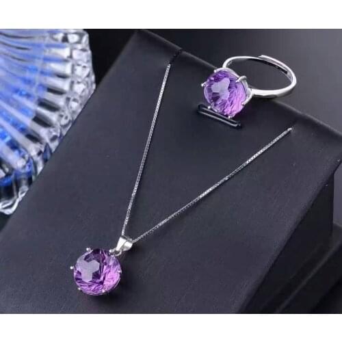Natural Fireworks amethyst gem jewelry sets natural gemstone ring Pendant Earrings 925 silver Stylish round women party jewelry
