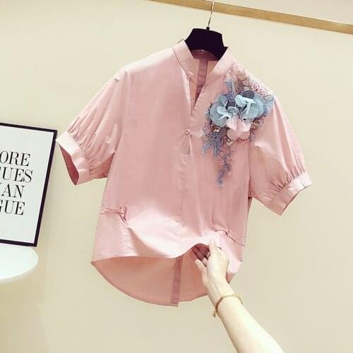 Summer Flower Shirt Women New Embroidery Three-dimensional Flower V-collar Short-sleeved Blouse Lady Leisure Tops Nancylim