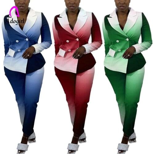 Changing Color Women 2 Piece Set 2021 Autumn Blazer + Straight Pants Matching Suit Elegant Night Party Office Lady Blazer Suit