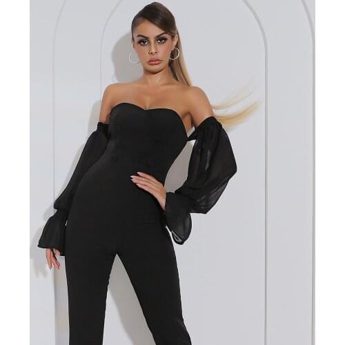High Street Autumn Fashion Sexy Off Shoulder Puff Sleeve Black Bodycon Women Jumpsuit 2021 Celebrity Designer Fashion Rompers