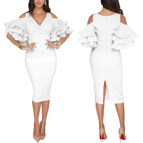 Women Ruffle Sleeve Dress Bodycon Dress Cold Shoulder Knee-Length Slit Midi Dresses Evening Cocktail