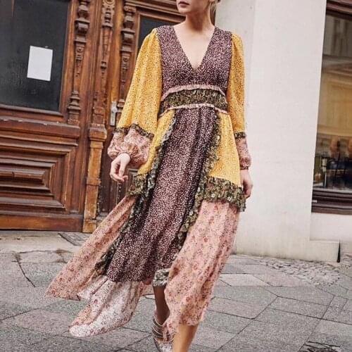 Summer Dress 2021 New Retro Hit Color Lantern Sleeve Long Sleeve Printing Irregular Long Dress Woman