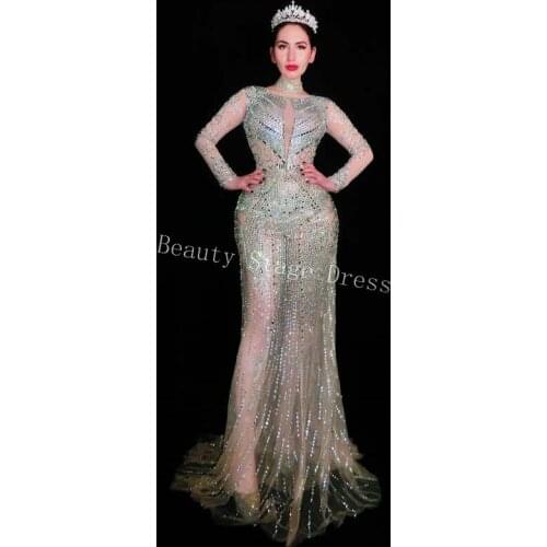 2019 New Rhinestones Fringes See Through Mesh Dress Womens Birthday Party Celebrate Dress Bar Nightclub Women Dance Dress